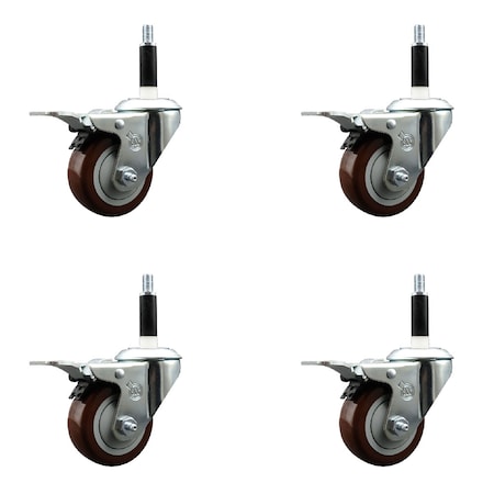 Service Caster 3'' SS Maroon Poly Swivel 7/8'' Expanding Stem Caster Set Total Lock Brake, 4PK SCC-SSEXTTL20S314-PPUB-MRN-78-4